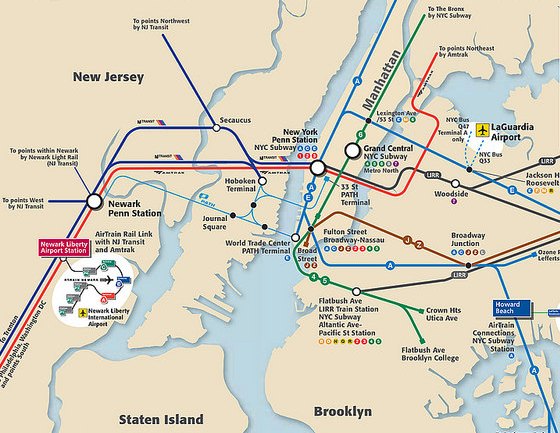 Newark EWR to Manhattan Transportation Map, New York
