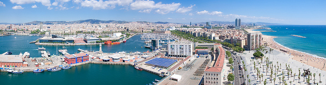 Port Vell and Barceloneta from Teleférico del Puerto, Barcelona, Spain