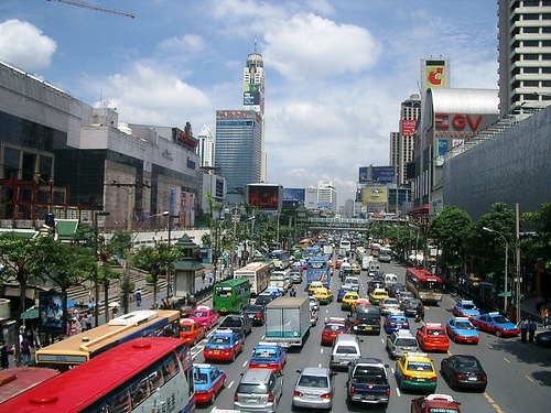 Central Bangkok, view of traffic on the Ratchdamri Road with Baiyoke Tower in the distance
