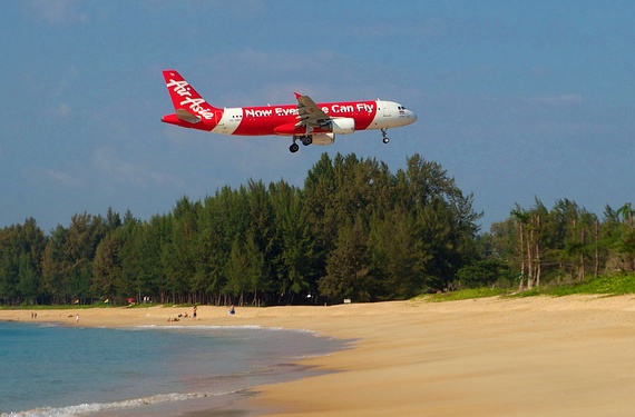 Air Asia Landing Phuket Airport, Mai Khao Beach, Phuket