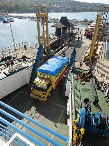 Bira Harbour, Truck boarding the Ferry to Selayar Island, South Sulawesi, Indonesia