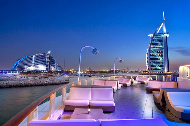 Burj Al Arab and Jumeirah Beach Hotel at Night, Dubai, United Arab Emirates