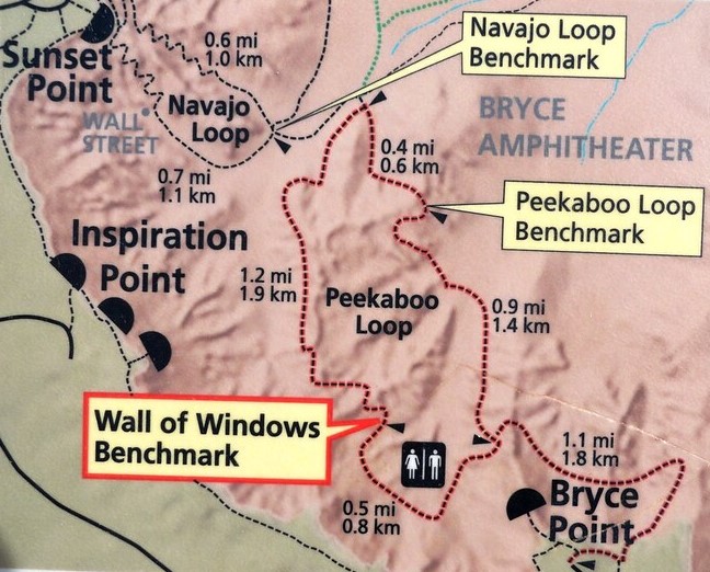 First section of Bryce Amphitheater Traverse & Peekaboo Loop Map, Bryce Canyon National Park, Utah