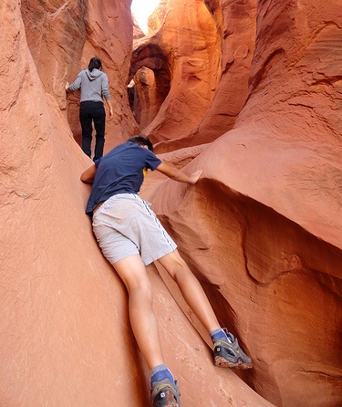 Between the first and the second pothole of Peek-A-Boo Slot Canyon, the Dry Fork of Coyote Gulch in Grand Staircase Escalante National Monument in Utah