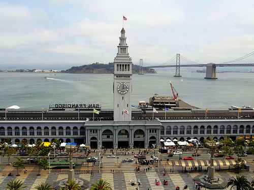 A Great View of Ferry Building and Bay Bridge from Hyatt Regency Hotel, The Embarcadero, San Francisco