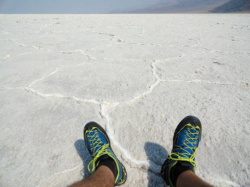 Author’s La Sportiva shoes at Badwater Salt Flats, Death Valley National Park, California