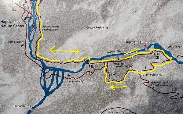 Vernal Fall, Mist Trail and John Muir Trail Map, Yosemite National Park, California