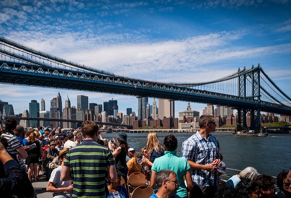 Circle Line Boat under Manhattan Bridge, New York City, New York, USA