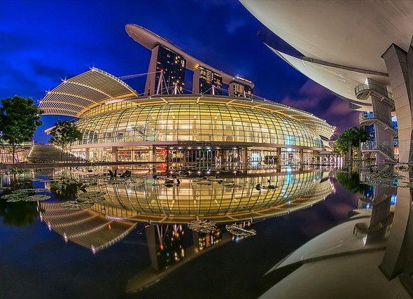 View of ArtScience Museum at Night, Marina Bay Sands, Singapore