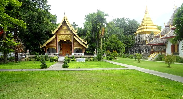 Ubosot (on the left) and the Chedi (on the right), Wat Chiang Mun (known as Wat Chiang Man), Chiang Mai, Thailand