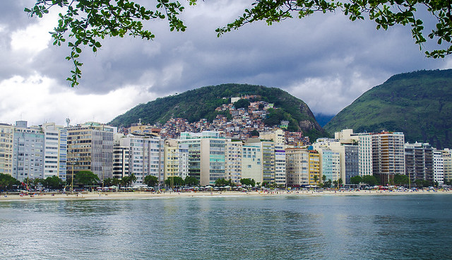 Copacabana Beach with a Favela on the Background, Rio de Janeiro, Brazil