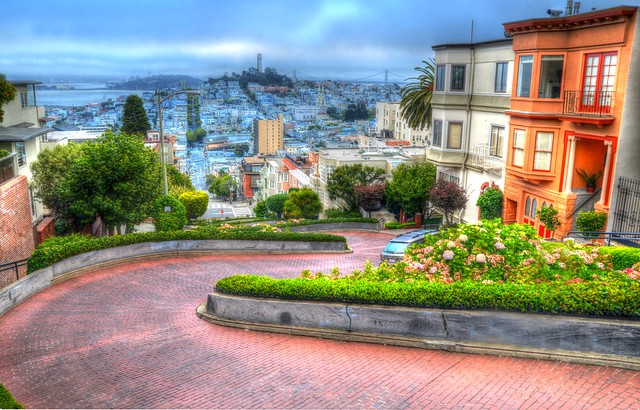 Lombard Street with the Coit Tower in Background, San Francisco, California, United States