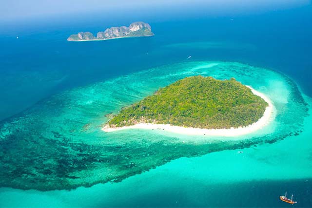 Aerial View of Bamboo Island with Mosquito Island in the Background, Phi Phi Island, Thailand