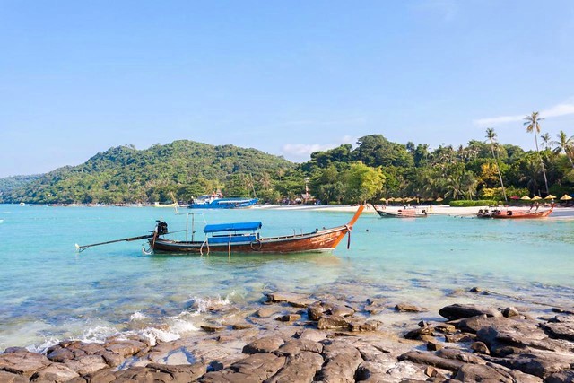 Longtail Boat at Laem Thong Beach, East Coast, Phi Phi Don, Phi Phi Island, Thailand