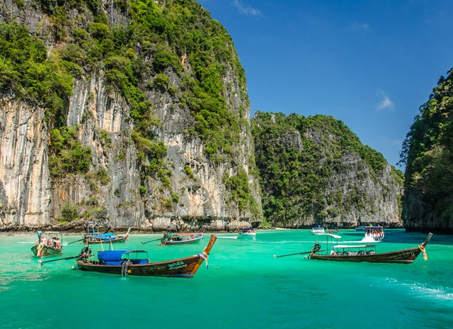Longtail Boats in Pileh Secret Lagoon, Phi Phi Leh, Phi Phi Island, Thailand