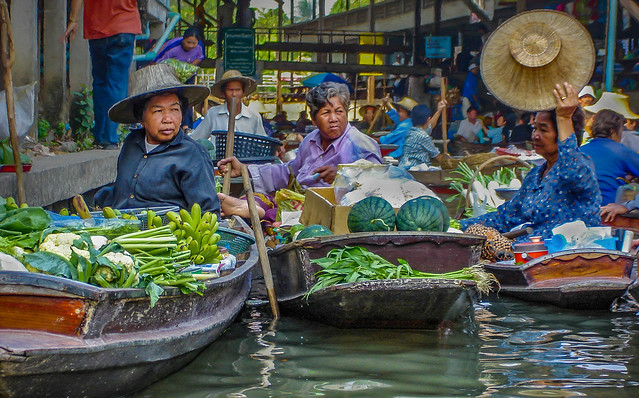 Women Vendors Sitting in their Boats, Damnoen Saduak Floating Market, Thailand