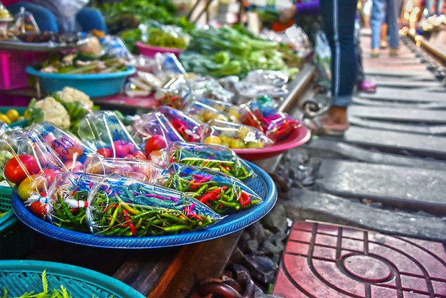 Vegetable Plate On The Rail, Maeklong Railway Market, Thailand
