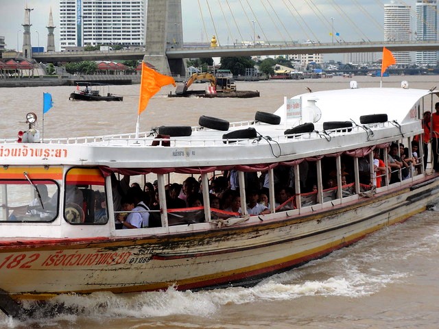 Orange Line Boat approaching Phra Arthit Pier, Chao Phraya Express Boat, Bangkok, Thailand