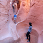 Tra la seconda e la terza pozza Between the second and the third pothole of Peek-A-Boo Slot Canyon, the Dry Fork of Coyote Gulch in Grand Staircase Escalante NM in Utah USA