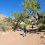 Walking in the wash in the first section of the hike to Little Wild Horse Canyon in the San Rafael Swell Utah USA